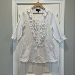 GRETTY ZUEGER Button Up Shirt Women’s L 3/4 Sleeve Ruffles Coastal Blouse Beach